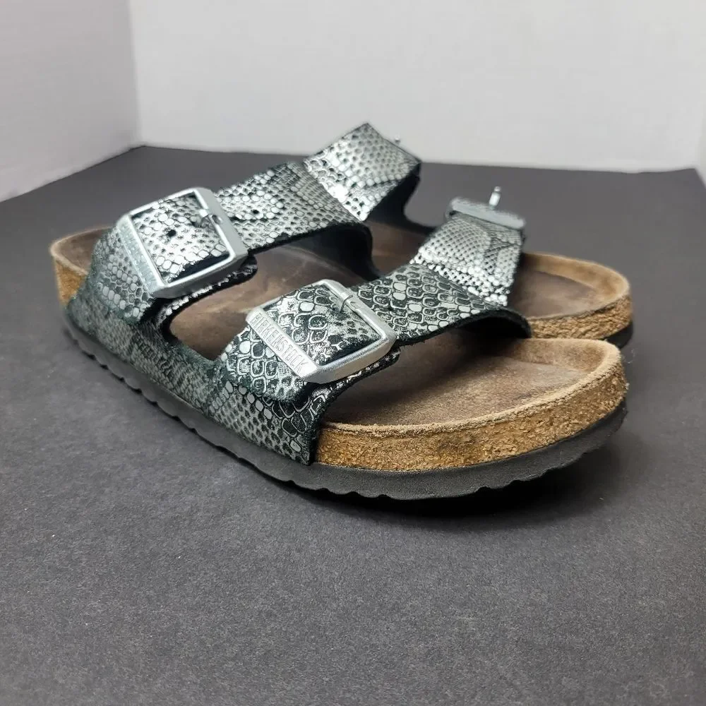 Birkenstocks Arizona Slide Double Strap Silver Snak Printed Sandals Size 6.5US